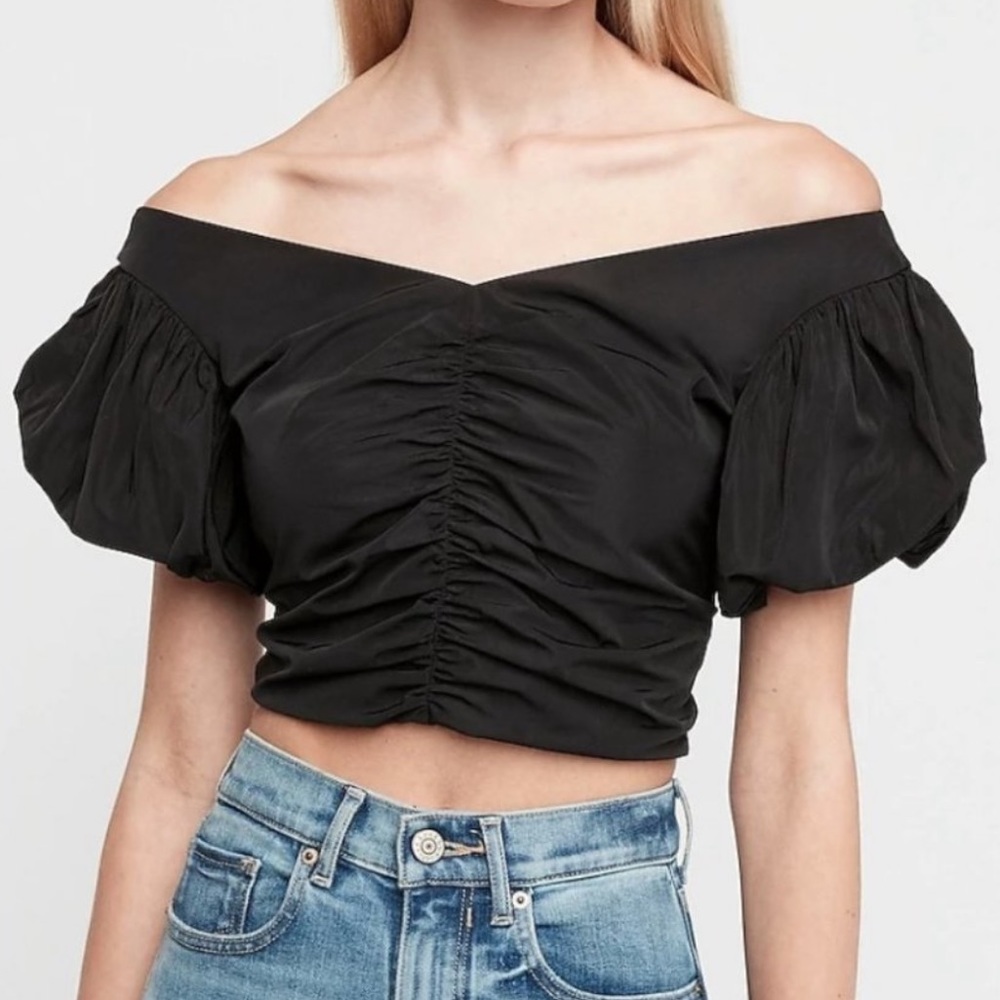 Express Taffeta Ruched Puff Sleeve Cropped Top